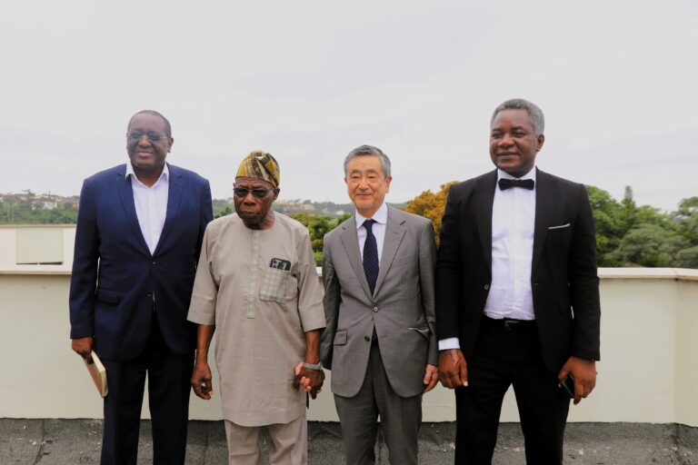 Sasakawa President, Obasanjo, Others Meet on Nigeria’s Food Security L r Dr. Mel Oluoch, Chief Obasanjo, Mr. Suzuki and Dr Godwin