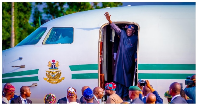 Tinubu Returns To Nigeria After France, South Africa Trips Tinubu arrives in Lagos